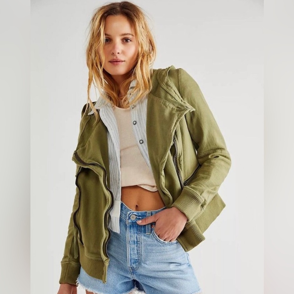 ❤️ Free People Carmen Moto Hoodie Jacket Cardigan NWT Olive Women’s Small